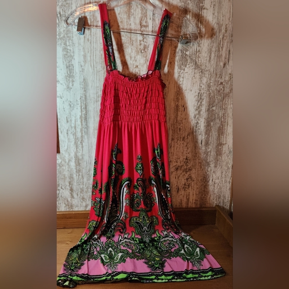 Vibrant Pink and Green Maxi Dress Tank Style Paisley Design